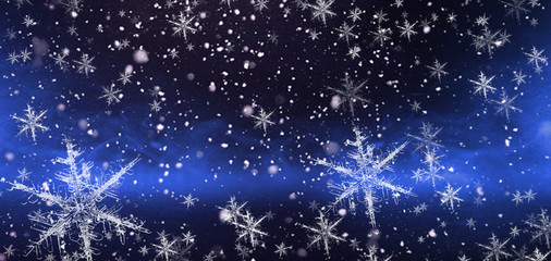 Fototapeta na wymiar Winter, snow, background. Abstract dark bokeh background with snowflakes.