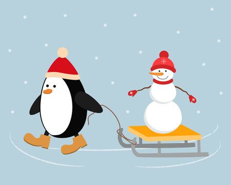 Christmas penguin in a red hat carries a snowman on a sleigh. It can be used as a design element in the Christmas composition. Vector illustration.