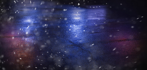 Winter, snow, background. Abstract dark bokeh background with snowflakes.