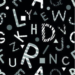 White and gray letters of the English alphabet on a black background, can be used for print on various surfaces