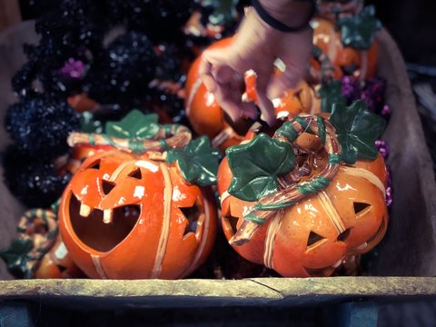Metal pumpkins on display - Halloween theme. 