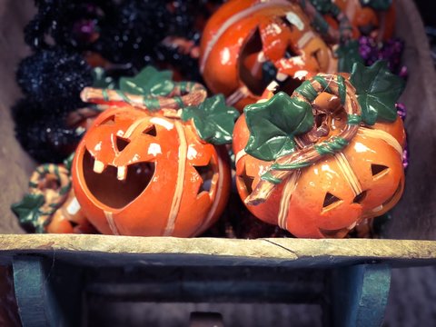 Metal pumpkins on display - Halloween theme. 