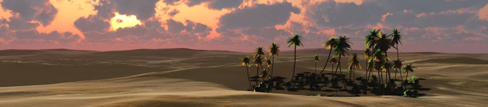 Oasis in the sandy desert against the sky with clouds,
3D rendering