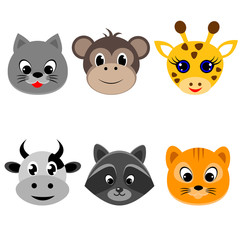Cute cartoon animals head round shape. vector illustration