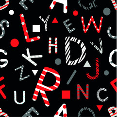 White, red and gray letters of the English alphabet on a black background, can be used for print on various surfaces