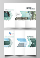 Tri-fold brochure templates on both sides. Abstract vector layout in flat design. Colorful background made of triangular or hexagonal texture for travel business, natural landscape in polygonal style.