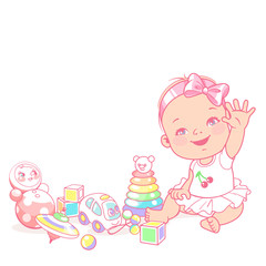 cute little baby girl say hello. Greeting baby. Happy smiling child play wave hands. Child's toys. Preset for blog. Template for mother's page in social media. Vector illustration.