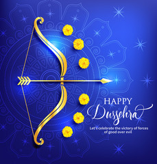 Greeting card with bow and arrow for Navratri festival with lettering Dussehra (Hindu holiday Vijayadashami). Vector illustration.