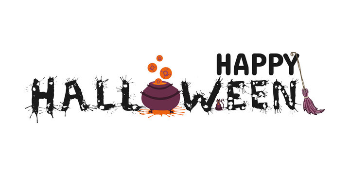 Happy Halloween vector hand drawn lettering with splash on white background. Greeting card  calligraphy with spiders and web,  witch pot and broom for holiday banner, poster or invitation.
