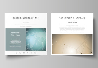 The minimalistic vector illustration of the editable layout of two square format covers design templates for brochure, flyer, magazine. Chemistry pattern with molecule structure. Medical DNA research.