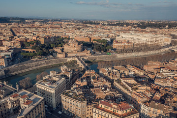 Fototapeta na wymiar Cityscape of Rome, aerial view. Saint Angelo castle, bridges and Tiber river