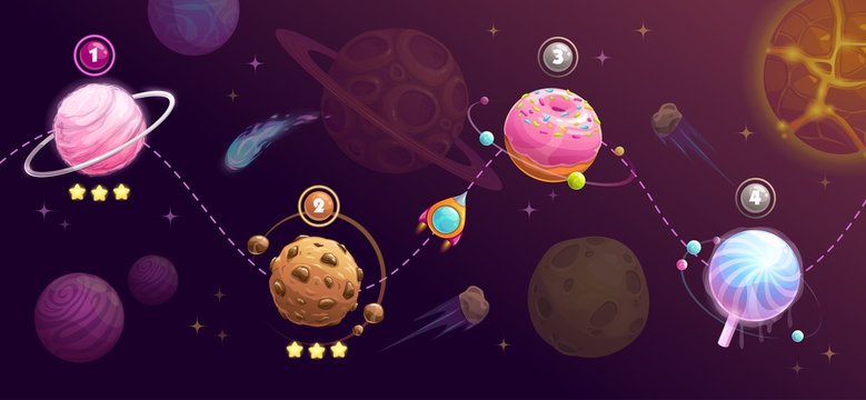 Food Planets Set. Rocket Space Trip Concept. Shipping Road, Universe Map For GUI Design.