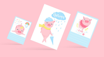 Cute vector cards with funny pigs. Pig illustration isolated on white.