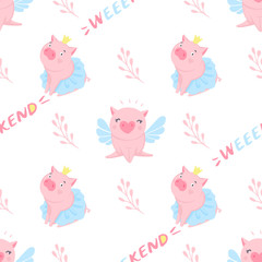 Vector seamless pattern with funny pigs. Pig background isolated on white.
