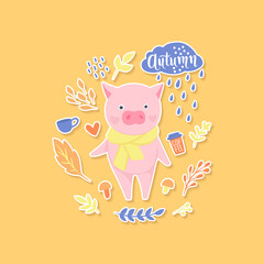 Vector Cute pig. Fashion animals. Autumn design.