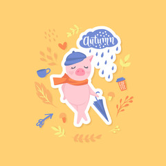 Vector Cute pig. Fashion animals. Autumn design.