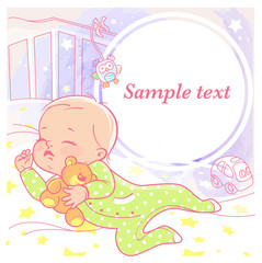 Cute little baby sleep in crib. Healthy sleep. Teddy bear, owl and toy car. Baby girl at night. Blank text frame. Preset for blog. Template for mother's page  in social media. Vector illustration