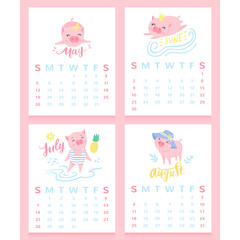 Fototapeta na wymiar Cartoon calendar 2019 with cute pigs. May, june, july, august month.