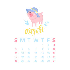 Cartoon calendar 2019 with cute pigs. Chinese calendar. Pig illustration isolated on white.
