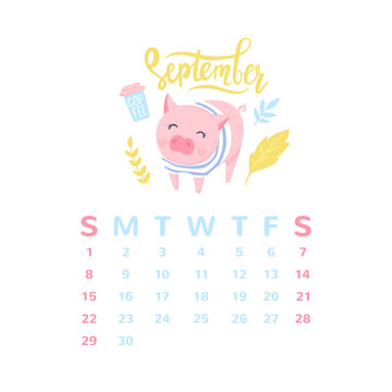 Cartoon calendar 2019 with cute pigs. Chinese calendar. Pig illustration isolated on white.