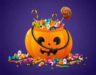 Halloween pumpkin basket full of candies and sweets. Vector illustration isolated on violet background.