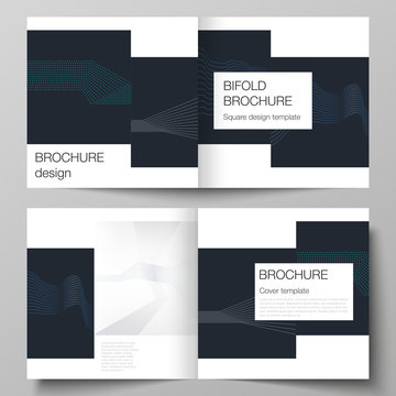 The vector illustration of the editable layout of two covers templates with simple geometric background made from dots, circles, rectangles for square design bifold brochure, magazine, flyer, booklet.