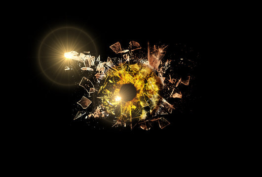 Conceptual creative photo of a yellow human eye close-up macro that breaks into small pieces of glass isolated on a black background.