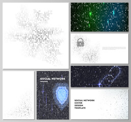 The minimalistic abstract vector layouts of modern social network mockups in popular formats. Binary code background. AI, big data, coding or hacker concept, digital technology background.
