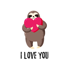 Vector illustration. Lovely cartoon sloth with a heart in his hands. Template for printing, postcards, covers, textiles, clothes