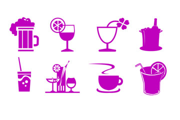 illustration with drinks - wine, coffee, lemonade, juice, straw , lemon, glass, cup