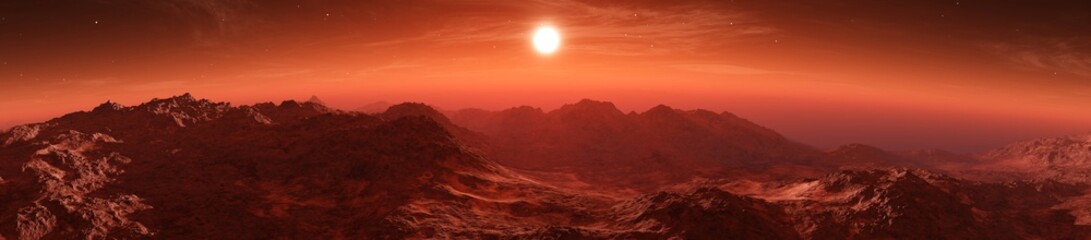 Mars at sunset, sunrise over the surface of an alien planet,