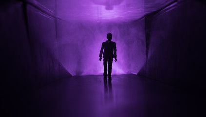 Creepy silhouette in the dark abandoned building. Horror about maniac concept or Dark corridor with cabinet doors and lights with silhouette of spooky horror person standing with different poses.