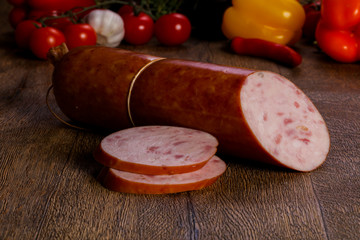 Pork sausages over wooden