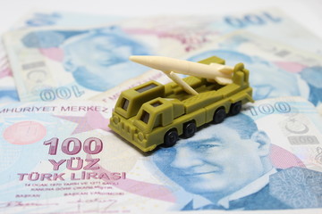 Toy Rocket Launcher with Turkish Liras, military vehicle, 100 Turkish lira, army related image, conscept photo, war economy