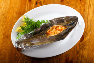 Baked trout with shrimps