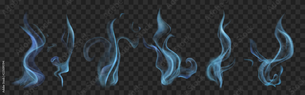 Fototapete set of realistic translucent smoke or steam in light blue colors, isolated on transparent background