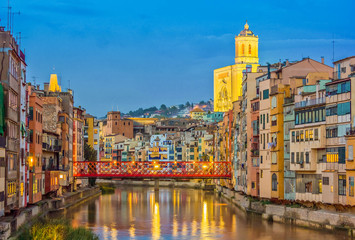 old town of Girona at night, Spain