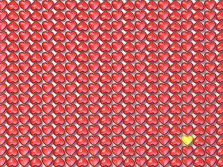 Red hearts field and one yellow heart 3D