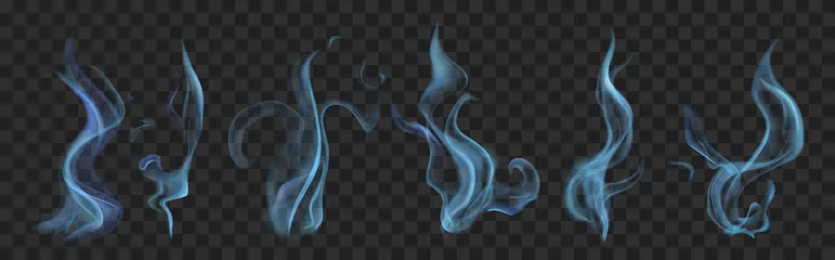 Poster Set of realistic translucent smoke or steam in light blue colors, isolated on transparent background. Transparency only in vector format © Olga Moonlight