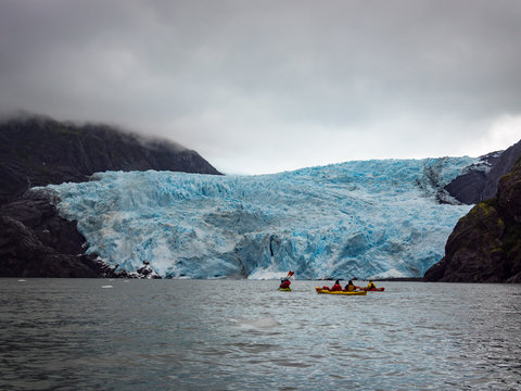 Kayaks in Water Near Tidewater Glacier, Colgate Glacier, Kenai Fjords National Park, Alaska