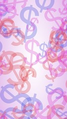 Multicolored translucent dollar signs on white background. Vertical image orientation. 3D illustration
