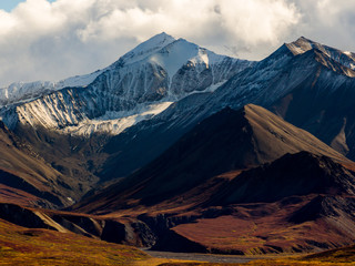 Snowcapped Peak Rising Above Autumn Tundra Landscape, Denali National Park, Alaska