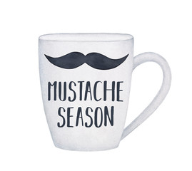Watercolour drawing of white cup decorated with small male mustache silhouette and black text words 