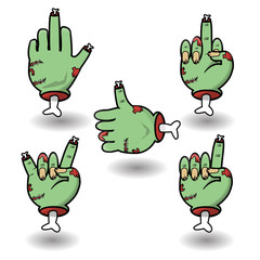 Severed zombie hand gesture set. Funny cartoon Halloween vector sticker pack. Collection of gestures dead zombie hands for the Halloween. Clip art illustration. 