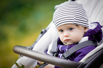 Portrait of a little baby boy in a stroller in a park.