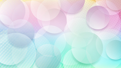 Abstract background of translucent circles and halftone dots in light blue and purple colors