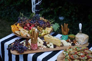 Salty and cheese bar of several kinds of cheese, grapes, olives, nuts and snacks. Table Food Lunch Variety Outdoors Party Decoration