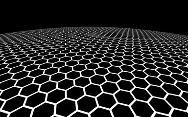 White honeycomb on a black background. Perspective view on polygon look like honeycomb. Ball, planet, covered with a network, honeycombs, cells. 3D illustration