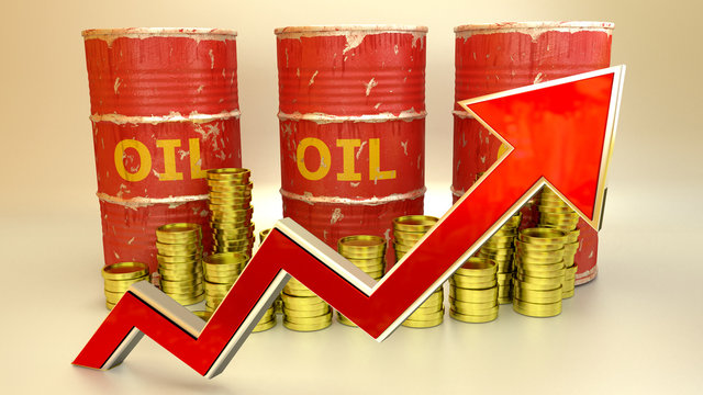 the price of fuel rising up 3D render - red oil barels and arrow