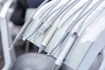 Closeup of dental drills in dentists office. Dentist workplace